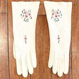 NEW! Antique VTG White Leather Kidskin Floral Embroidery Gloves FRANCE Sz 6.75